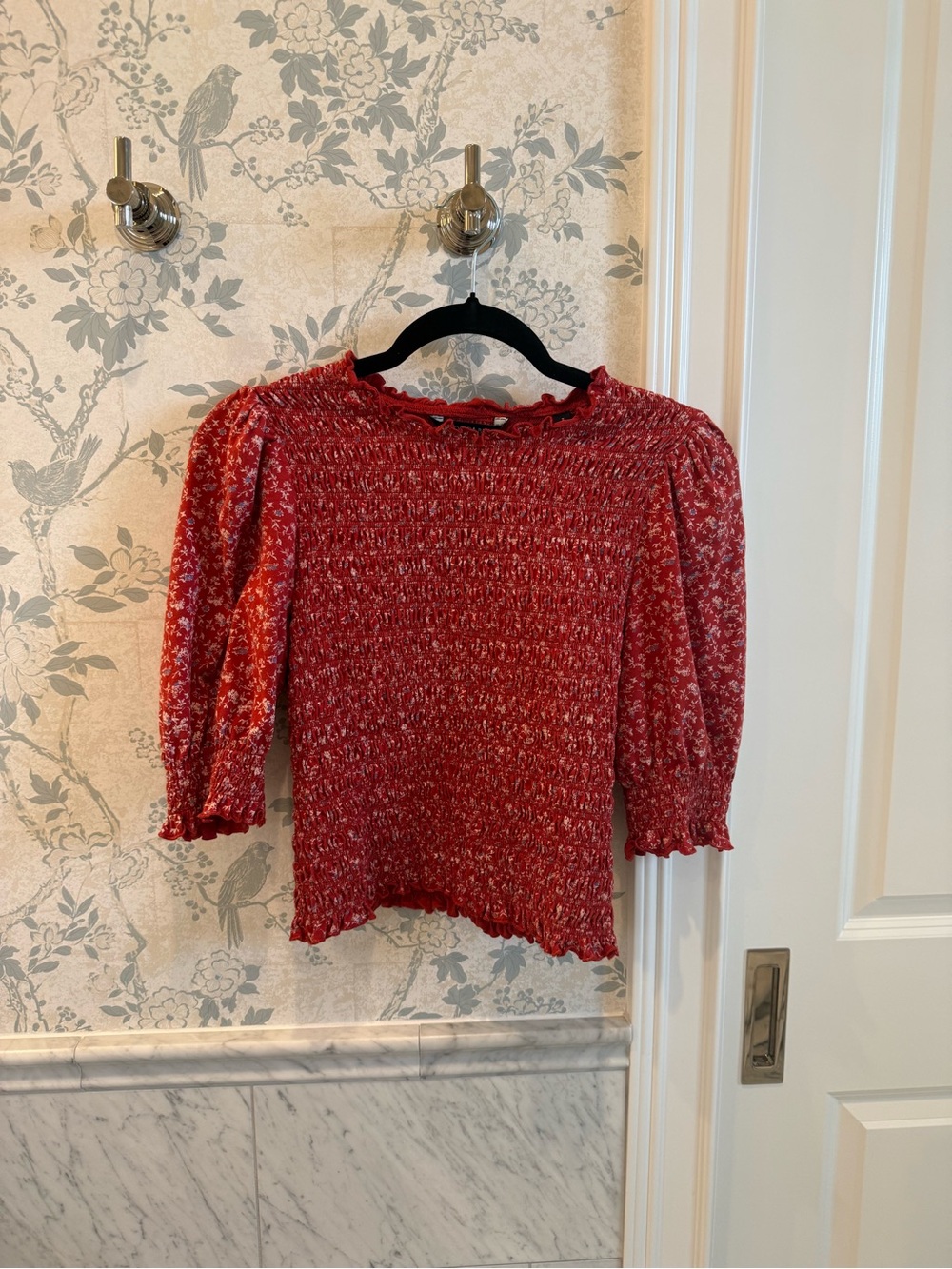 Veronica Beard Jean Langston Smocked Floral Top XS Red Cotton Blouse